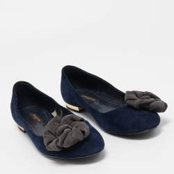 Pre Owned Louis Vuitton Navy Blue Suede Flower Embellished Ballet Flats Size 36.5