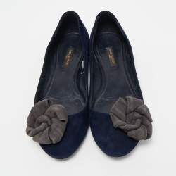 Pre Owned Louis Vuitton Navy Blue Suede Flower Embellished Ballet Flats Size 36.5