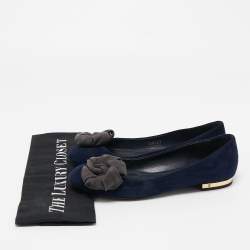 Pre Owned Louis Vuitton Navy Blue Suede Flower Embellished Ballet Flats Size 36.5