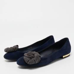 Pre Owned Louis Vuitton Navy Blue Suede Flower Embellished Ballet Flats Size 36.5