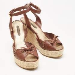 مملوكة مسبقًا Louis Vuitton Brown Leather Wedge  Ankle Strap Sandals Size 37