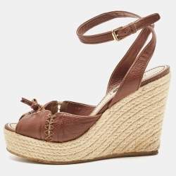 مملوكة مسبقًا Louis Vuitton Brown Leather Wedge  Ankle Strap Sandals Size 37