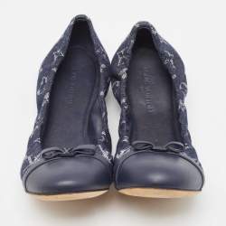 Pre Owned Louis Vuitton Navy Blue Monogram Canvas and Leather Elba Bow Ballet Flats Size 39.5