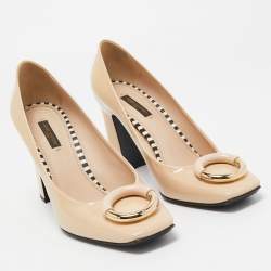 Louis Vuitton Beige Patent Leather Madeleine Block Heel Pumps Size 39.5