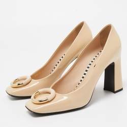 Louis Vuitton Beige Patent Leather Madeleine Block Heel Pumps Size 39.5