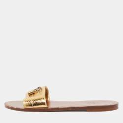 Louis Vuitton Gold Python Embossed Leather Lock It Flat Slides Size 40