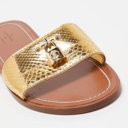 Louis Vuitton Gold Python Embossed Leather Lock It Flat Slides Size 40