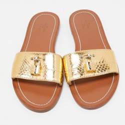 Louis Vuitton Gold Python Embossed Leather Lock It Flat Slides Size 40