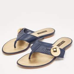 Pre Owned Louis Vuitton Blue Leather Thong Flat Slides Size 37