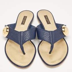 Pre Owned Louis Vuitton Blue Leather Thong Flat Slides Size 37