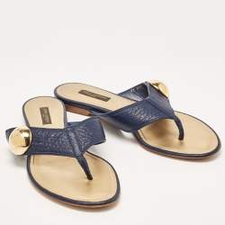 Pre Owned Louis Vuitton Blue Leather Thong Flat Slides Size 37