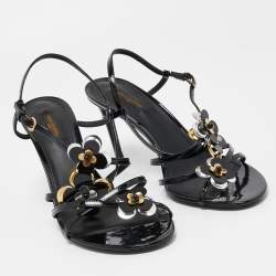 Louis Vuitton Black Patent Leather  Flower Embellished Slingback Sandals Size 40