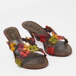 Louis Vuitton Multicolor Leather Flower Embellished Slide Sandals Size 37.5