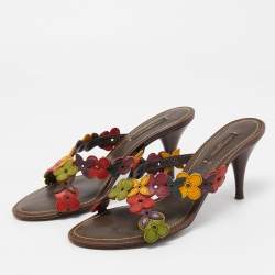 Louis Vuitton Multicolor Leather Flower Embellished Slide Sandals Size 37.5