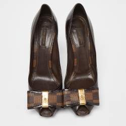 Pre Owned Louis Vuitton Brown Patent Leather Damier Bow Peep Toe Pumps Size 39