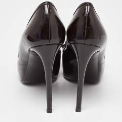 Pre Owned Louis Vuitton Brown Patent Leather Damier Bow Peep Toe Pumps Size 39