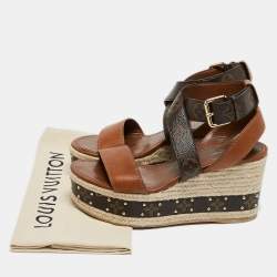 مملوكة مسبقًا Louis Vuitton Brown Leather and Monogram Canvas Espadrille Ankle Strap Sandals Size 37