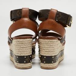 مملوكة مسبقًا Louis Vuitton Brown Leather and Monogram Canvas Espadrille Ankle Strap Sandals Size 37