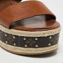 مملوكة مسبقًا Louis Vuitton Brown Leather and Monogram Canvas Espadrille Ankle Strap Sandals Size 37
