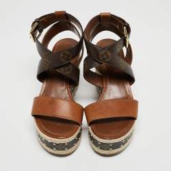 مملوكة مسبقًا Louis Vuitton Brown Leather and Monogram Canvas Espadrille Ankle Strap Sandals Size 37