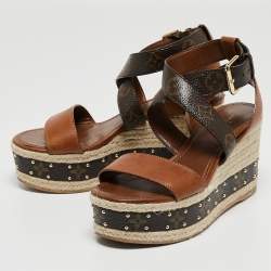مملوكة مسبقًا Louis Vuitton Brown Leather and Monogram Canvas Espadrille Ankle Strap Sandals Size 37