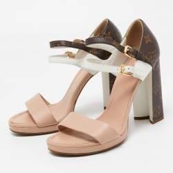 مملوكة مسبقًا Louis Vuitton Tricolor Leather and Monogram Canvas Double Strap Sandals Size 38.5