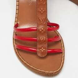 Louis Vuitton Brown/Red Monogram Embossed Leather and Patent T-Strap Wedge Sandals Size 37.5