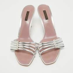 Louis Vuitton Silver Leather Strappy Slide Sandals Size 39