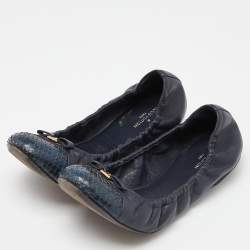 Pre Owned Louis Vuitton Blue Leather and Python Elba Scrunch Ballet Flats Size 39