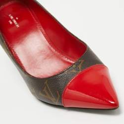 Pre Owned Louis Vuitton Brown/Red Monogram Canvas and Patent Fetish Pumps Size 37
