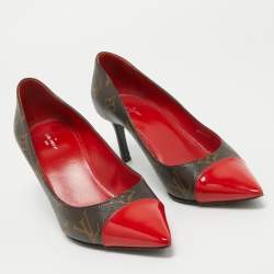 Pre Owned Louis Vuitton Brown/Red Monogram Canvas and Patent Fetish Pumps Size 37