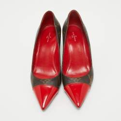 Pre Owned Louis Vuitton Brown/Red Monogram Canvas and Patent Fetish Pumps Size 37