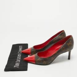 Pre Owned Louis Vuitton Brown/Red Monogram Canvas and Patent Fetish Pumps Size 37