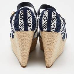 Louis Vuitton Blue/White Fabric, Suede and Mesh Open Toe Wedge Espadrille Sandals Size 38