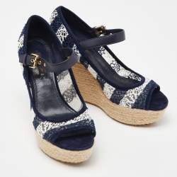 Louis Vuitton Blue/White Fabric, Suede and Mesh Open Toe Wedge Espadrille Sandals Size 38