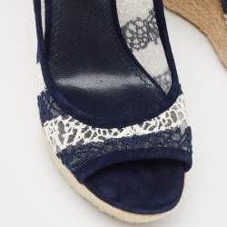 Louis Vuitton Blue/White Fabric, Suede and Mesh Open Toe Wedge Espadrille Sandals Size 38