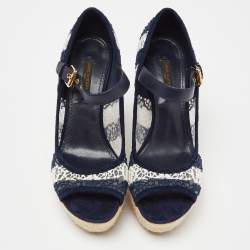 Louis Vuitton Blue/White Fabric, Suede and Mesh Open Toe Wedge Espadrille Sandals Size 38