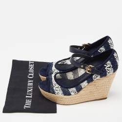Louis Vuitton Blue/White Fabric, Suede and Mesh Open Toe Wedge Espadrille Sandals Size 38