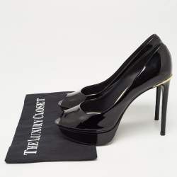 مملوكة مسبقًا حذاء كعب عالي لوي فيتون مقدمة مفتوحة جلد لامع أسود نعل سميك مقاس 37