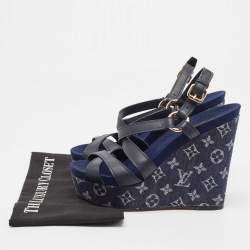 Louis Vuitton Blue Leather And Monogram Denim Wedge Ocean Slingback Sandals Size 40