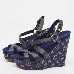 Louis Vuitton Blue Leather And Monogram Denim Wedge Ocean Slingback Sandals Size 40
