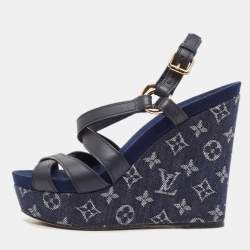 Louis Vuitton Blue Leather And Monogram Denim Wedge Ocean Slingback Sandals Size 40