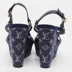 Louis Vuitton Blue Leather And Monogram Denim Wedge Ocean Slingback Sandals Size 40