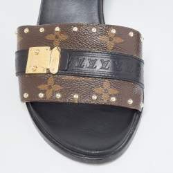 Louis Vuitton Brown/Black Monogram Canvas and Leather Lock It Slide Sandals Size 39.5
