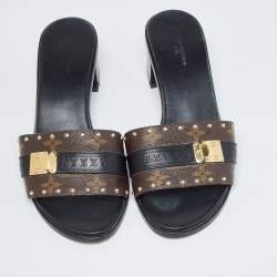 Louis Vuitton Brown/Black Monogram Canvas and Leather Lock It Slide Sandals Size 39.5