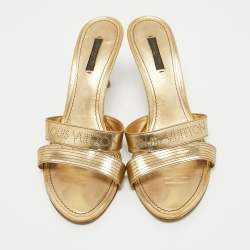 Louis Vuitton Gold Leather Slides Sandals Size 40.5