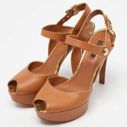 Pre Owned Louis Vuitton Brown Leather Slingback Platform Sandals Size 39