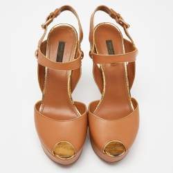 Pre Owned Louis Vuitton Brown Leather Slingback Platform Sandals Size 39