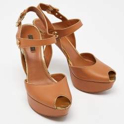 Pre Owned Louis Vuitton Brown Leather Slingback Platform Sandals Size 39