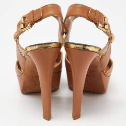 Pre Owned Louis Vuitton Brown Leather Slingback Platform Sandals Size 39